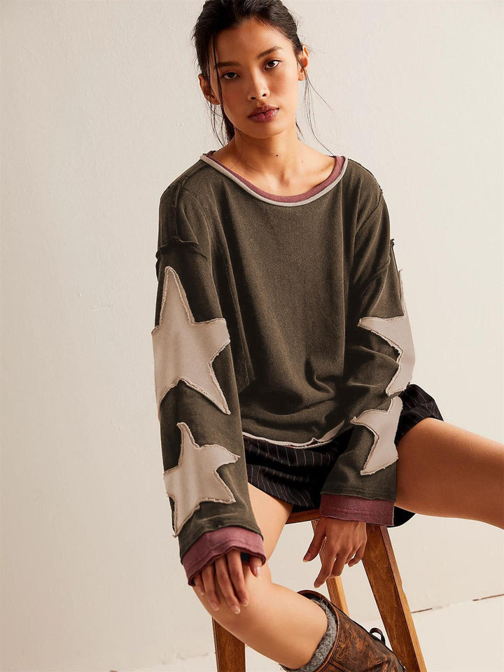 Dame Casual Sweatshirt med stribet design og stjerneapplikationer Stilla