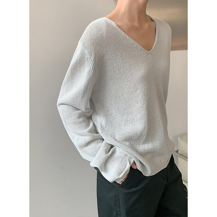 Dame elegant pullover med V-hals og blødt struktureret materiale Stilla
