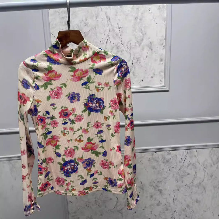 Dame Langærmet top med blomsterprint og høj krave Stilla