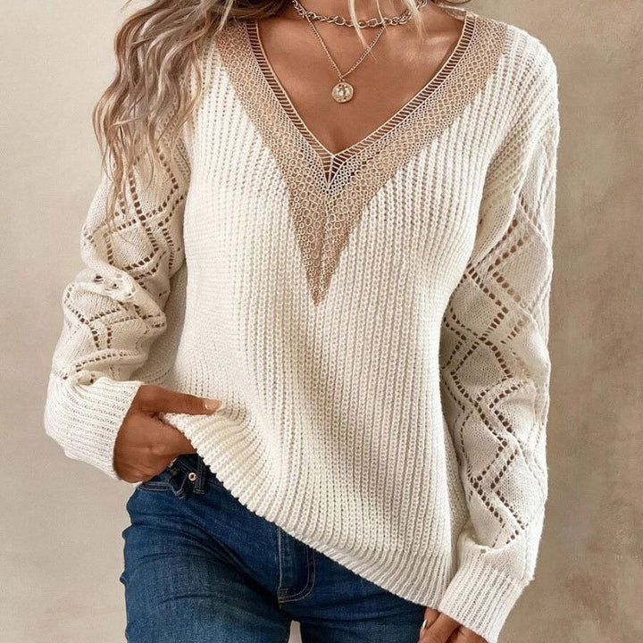Dame strikket sweater med V-hals og klaplommer Stilla