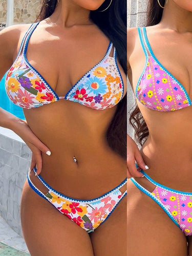 Dame bikinisæt med charmerende blomstermotiv og højt skåret trusse Stilla