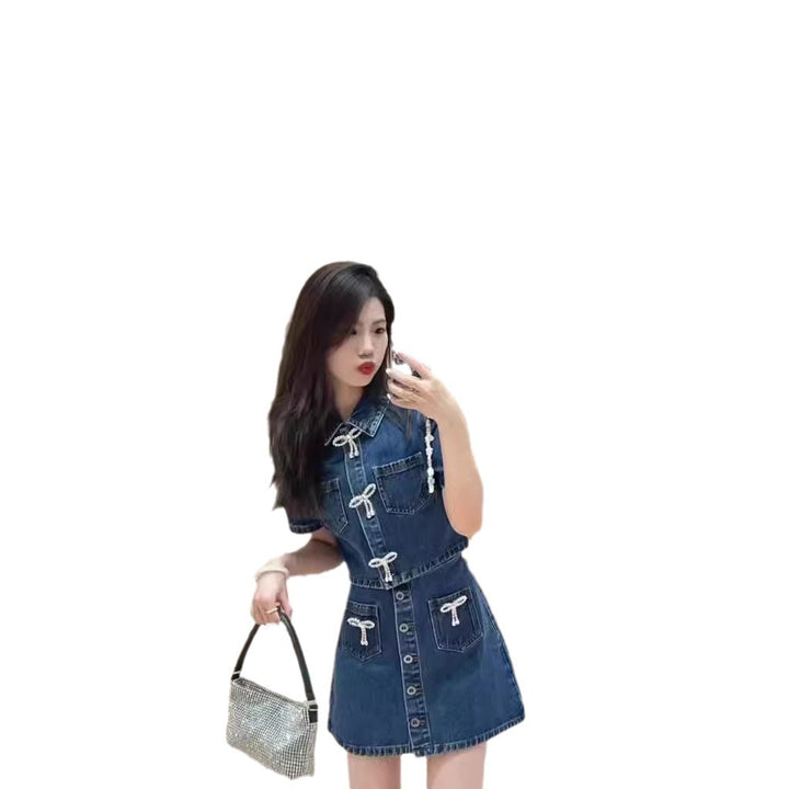Dame Denim Mini Skirt med dekorative lommer og knaplukning Stilla