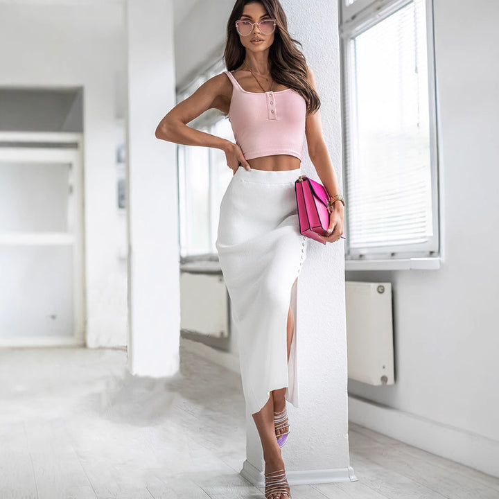Dame wrapper nederdel med side slids og elegante knapdetaljer Stiila