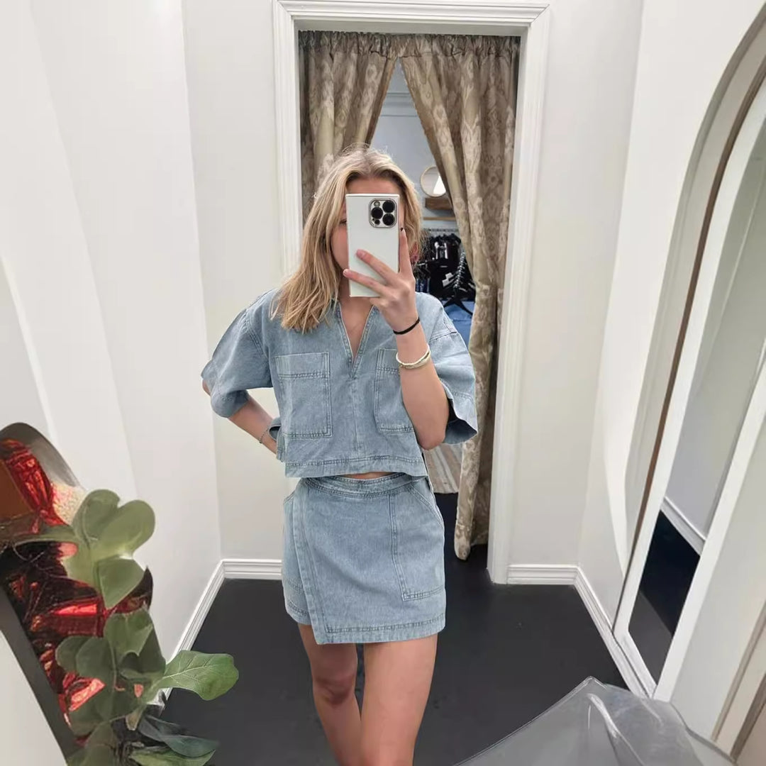 Dame Jeans-mini-sæt med casual kortærmet overdel og smart snit Stilla