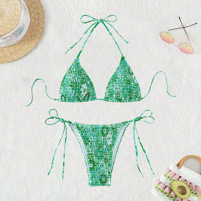 Dame triangle-bikini med florale ruffles detaljer og justerbare stropper Skovae