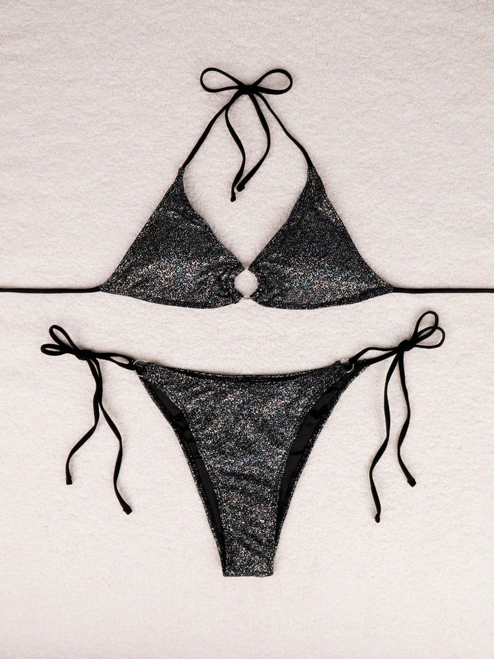 Dame Glitrende Triangel-Bikini-Sæt med ikke justerbare bånd og funklende accenter Stilla