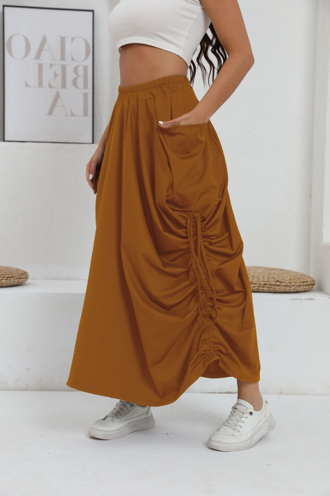 Dame Lang Wrap Skirt med elastisk Talje og Lommer Stilla