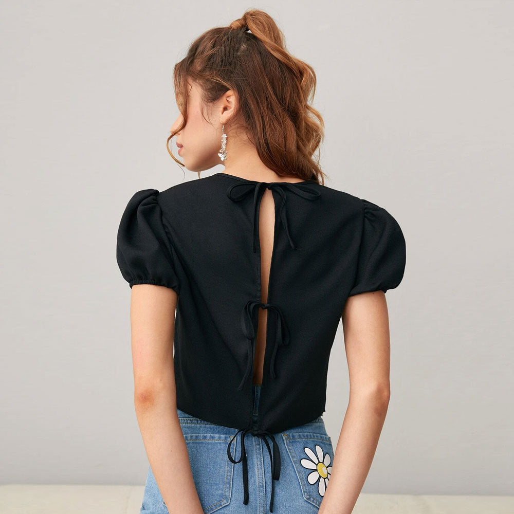 Kvinder Crop Top med Puf Ærmer og Blød Rund Hals Stilla