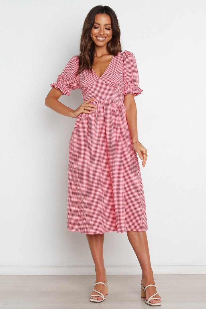 Dame V-Udskæring Gingham Midi Kjole med Puffærmer Stilla