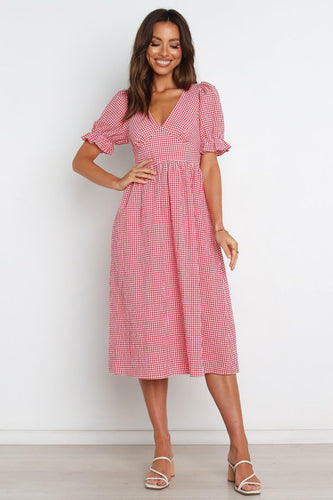 Dame V-Udskæring Gingham Midi Kjole med Puffærmer Stilla