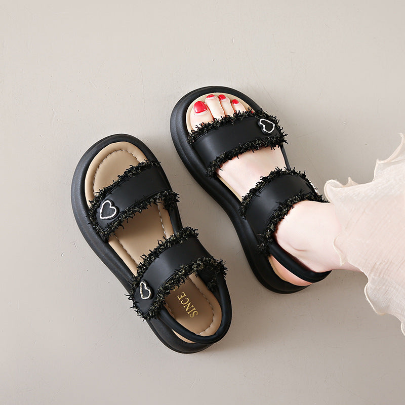 Femme Komfort Chunky Sål Slide Sandaler med Hjerteaccenter Stilla