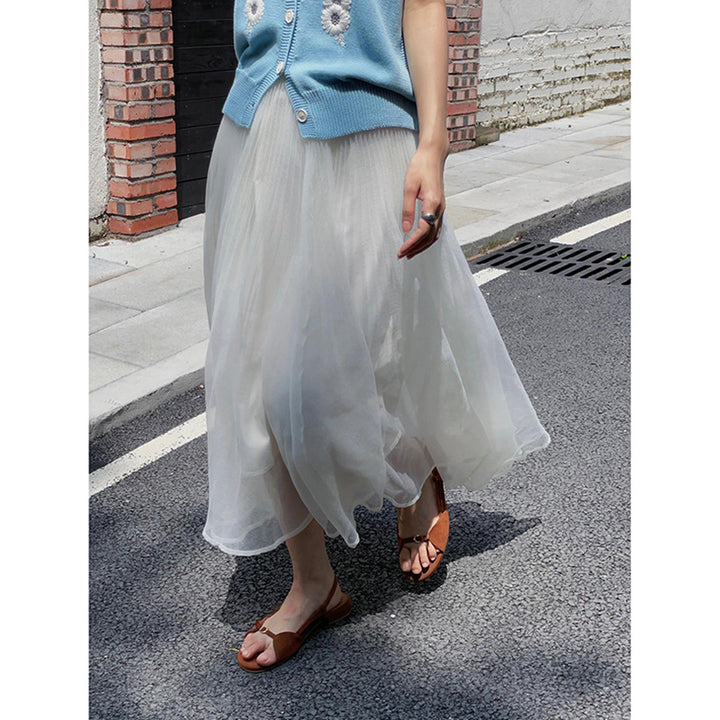 Dame plisseret maxi-nederdel i let chiffon med svingende snit Stilla