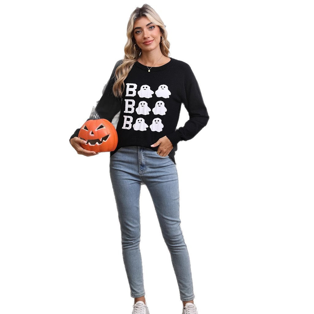 Kvindernes Strikkede Halloween Sweater med Geist Motiv og Løs Fit Stilla
