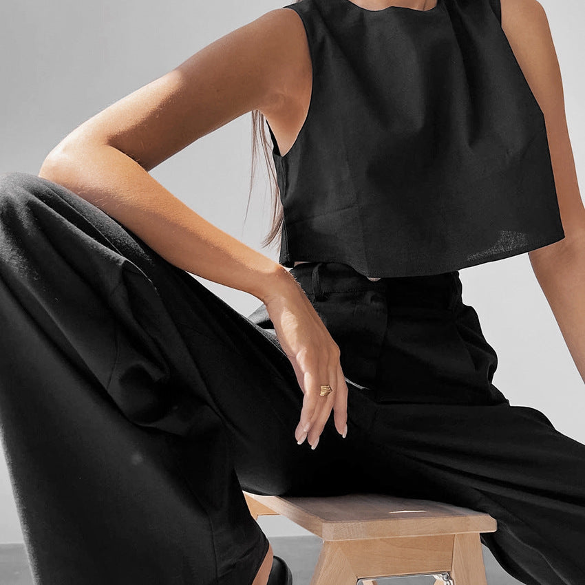 Damer Crop-Top og løse bukser sæt med elegant design og høj talje Stilla