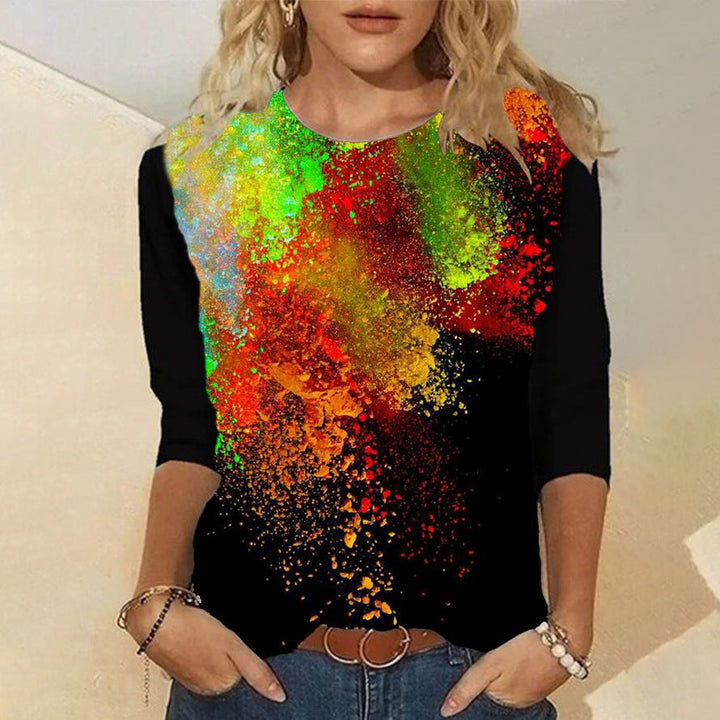 Stilla | Trendy Grafisk Print Rund Hals Langærmet T-shirt