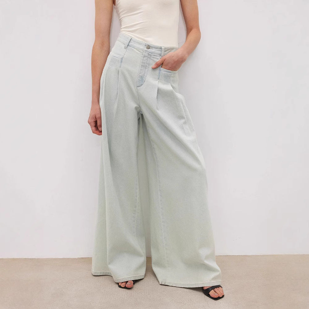 Dame vidde High-Waist Jeansbukser med elegant fold og åndbart denim Stilla