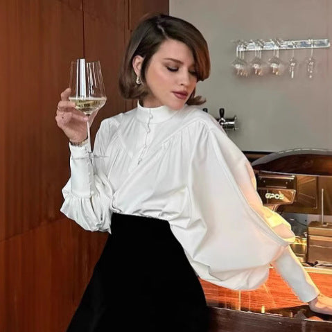 Dame Elegant Bluse med voluminøse ærmer og klassisk ståkrave Stilla