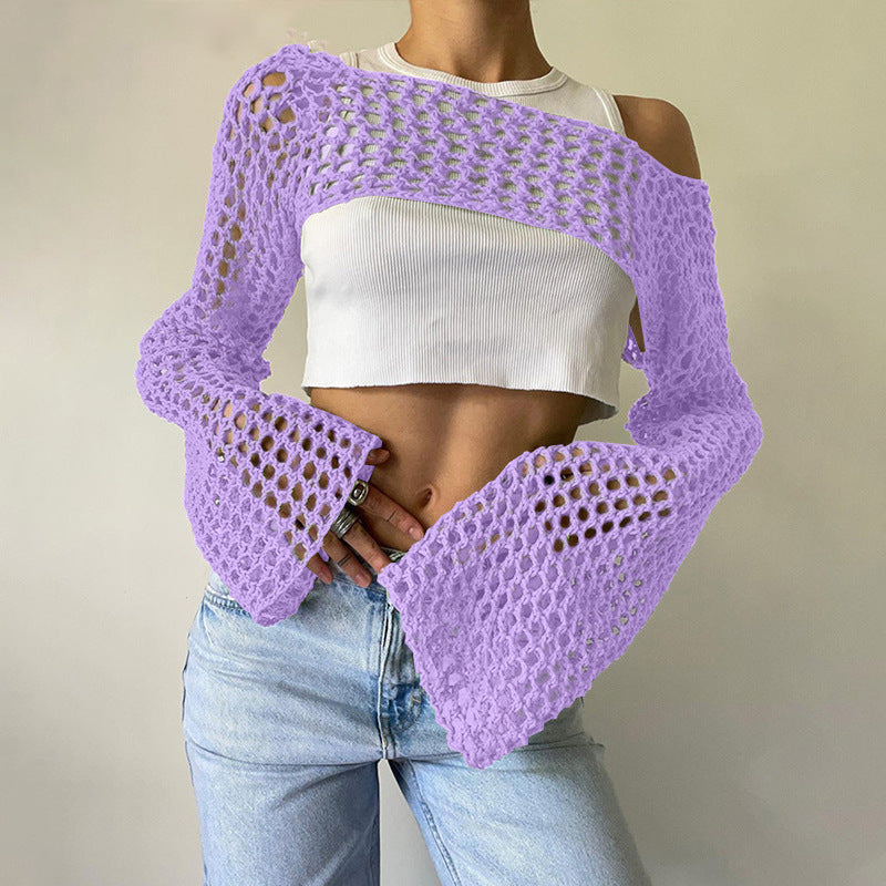 Dame hæklede langærmet top med off-shoulder design Skovae