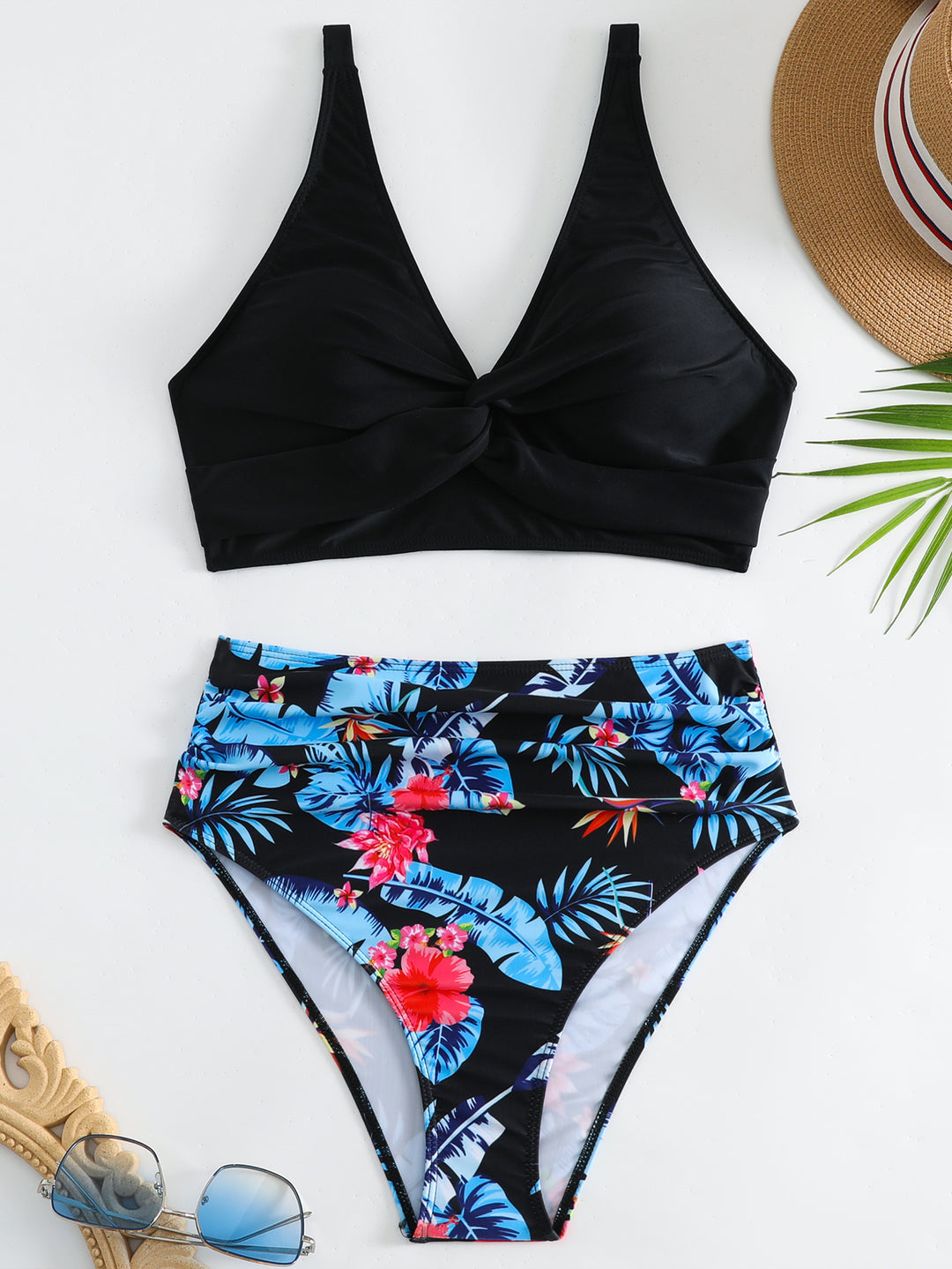 Dame Højtaljet Bikini-Sæt med elegant knudedesign og blomsterprint Stilla