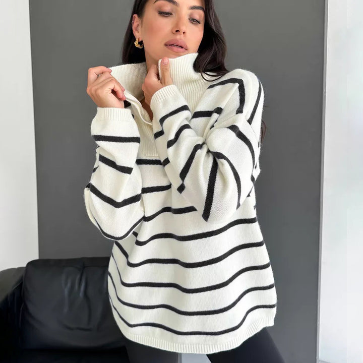 Femme Stribet Fjerde-Zipper Strikkegenser Stilla