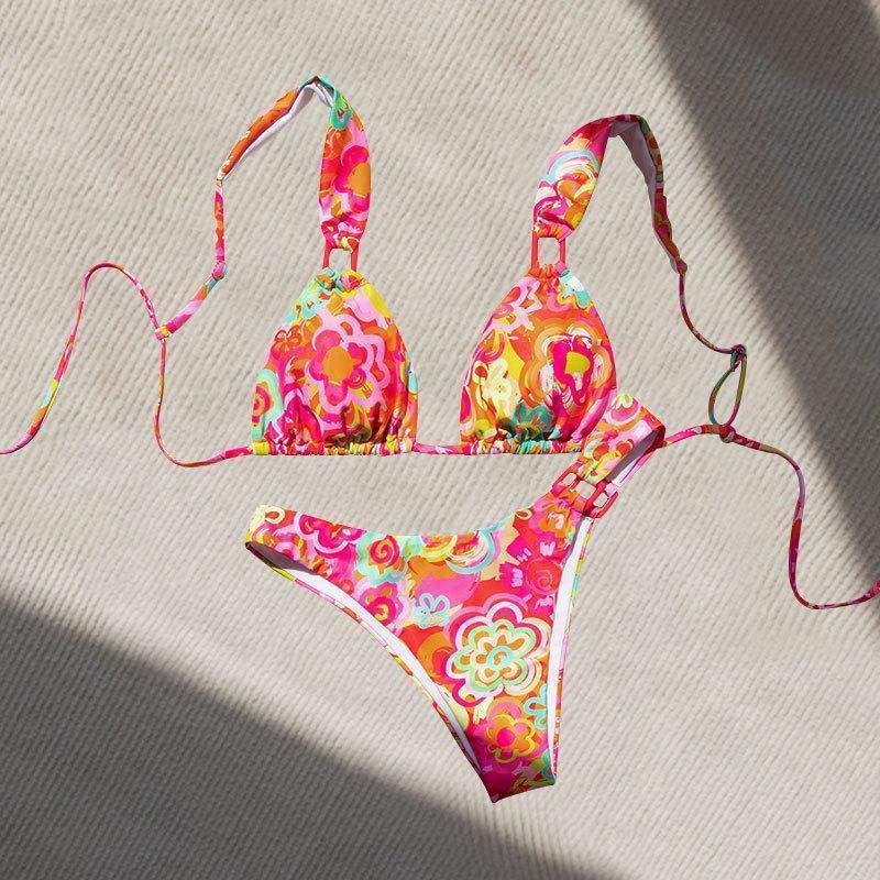 Dame Triangel-Bikini med moderne blomsterdesign og justerbare stropper Skovae