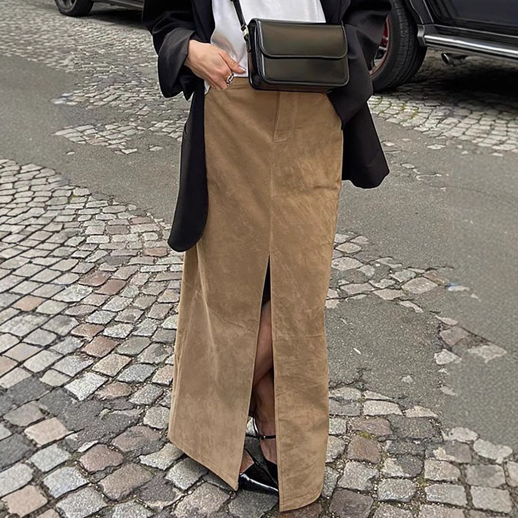 Dame elegant Maxiskørt med høj slids lavet af blødt kunstlæder Stilla