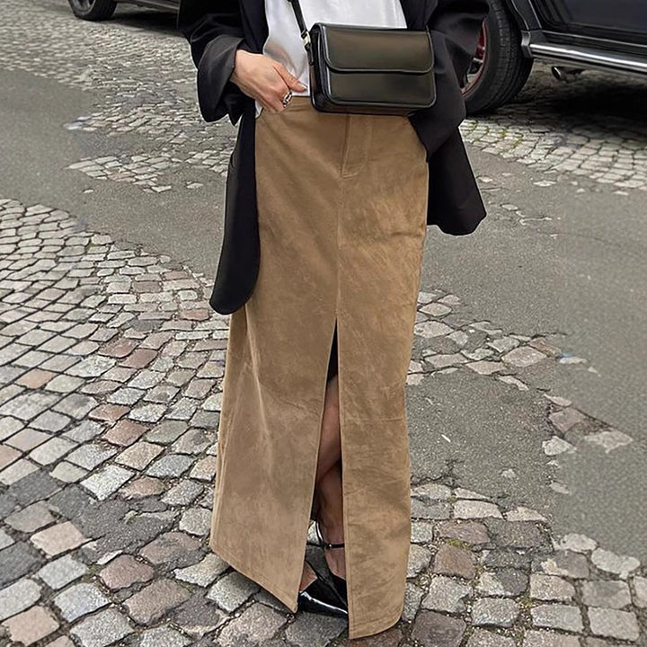 Dame elegant Maxiskørt med høj slids lavet af blødt kunstlæder Stilla