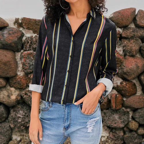 Dame stribet bluse med elegant krave og lang arm Stilla