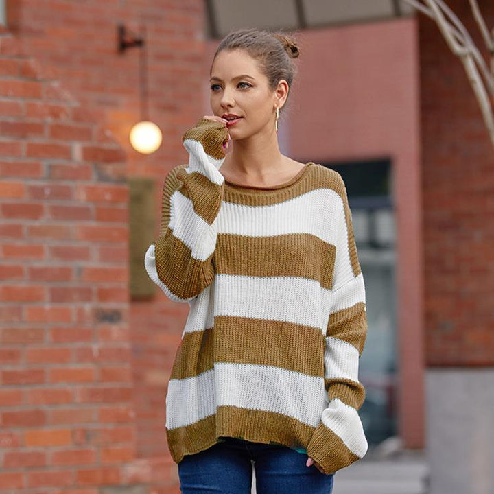 Kvinde's komfortable strikket sweater med moderne stribemønster og bred pasform Stilla