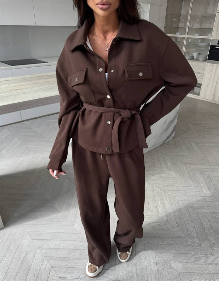 Kvinder Elegant Loungewear Sæt med Casual Jakke og Brede Bukser Skovae