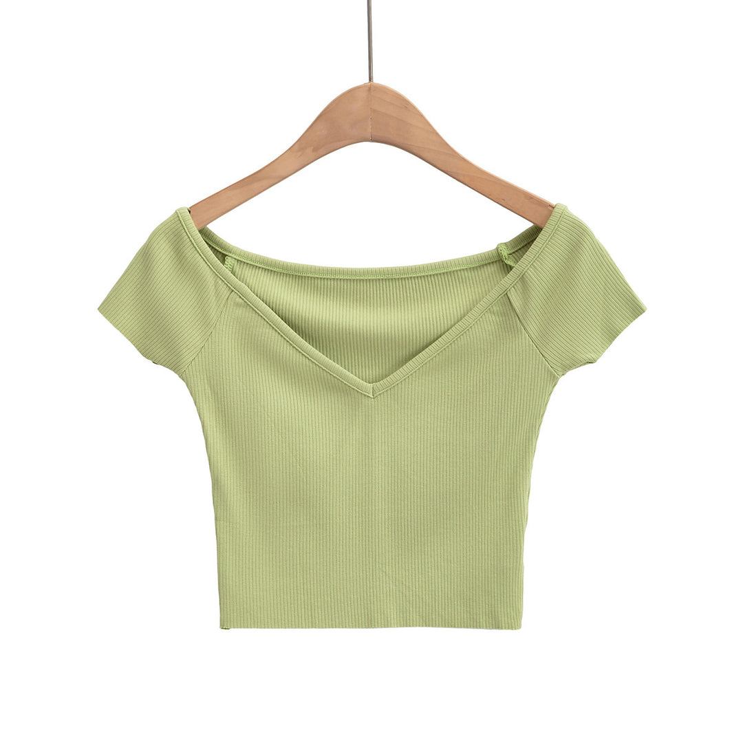 Dame figursyet Crop-Top med off-shoulder design og ribstruktur Stilla