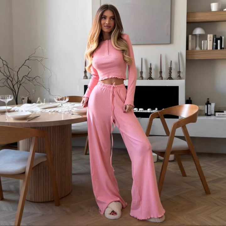 Dame Casual Leisure Suit med Høj Talje og Teksturert Overflade Stilla