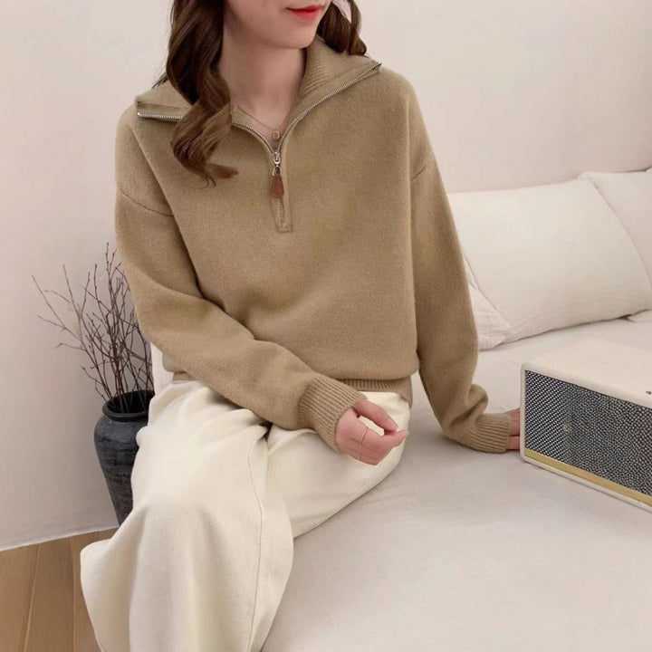 Kvinders mode sweater med høj hals og lynlås