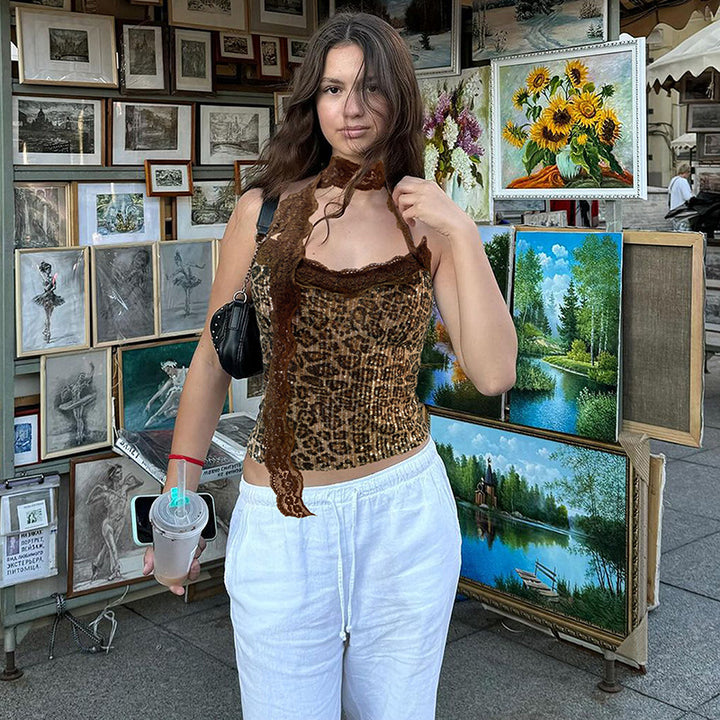 Dame Glitrende Leopard-Bustier-Top med Rüschendetaljer og justerbar bøjle Stilla