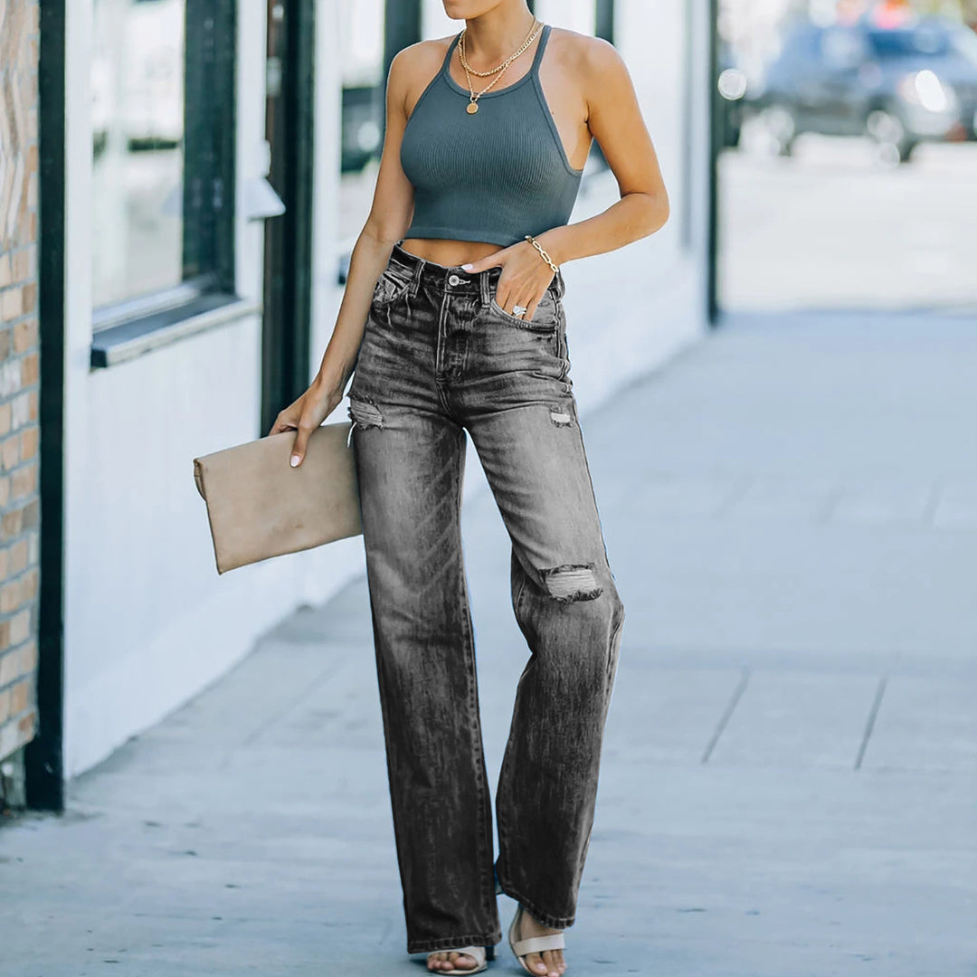Dame Højtaljede Distressed Jeans i Premium-Relaxed-Fit Stilla