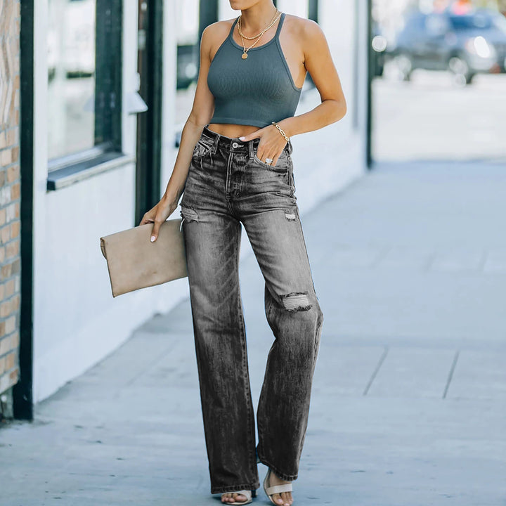 Dame Højtaljede Distressed Jeans i Premium-Relaxed-Fit Stilla