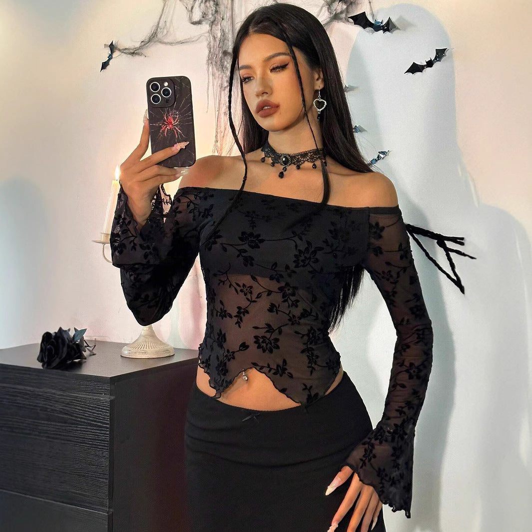 Dame nan transparent mesh-top med floral velour-applikation, Carmen-udskæring og kort talje-nederdel Skovae