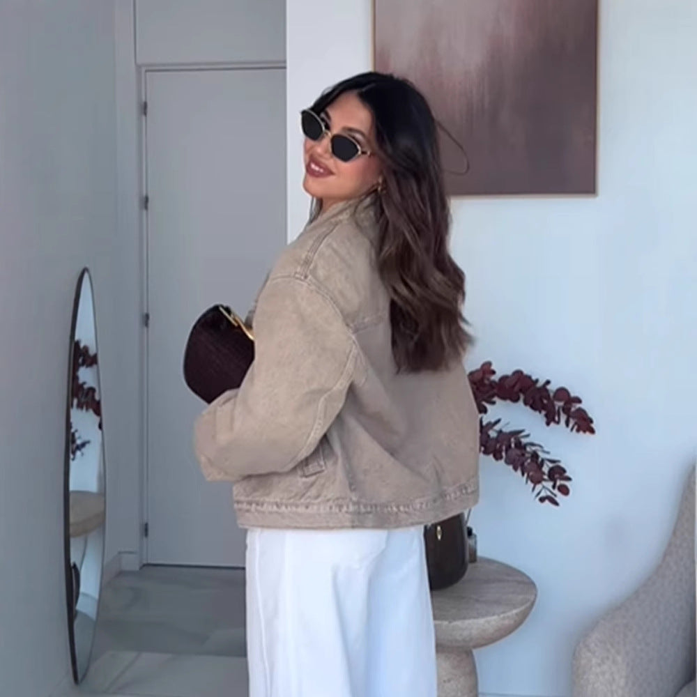 Dame mode oversized jeansjakke med trendy ståkrave Stilla