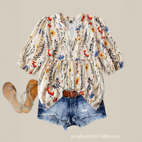 Dame Floral Print Peplum Bluse Stilla