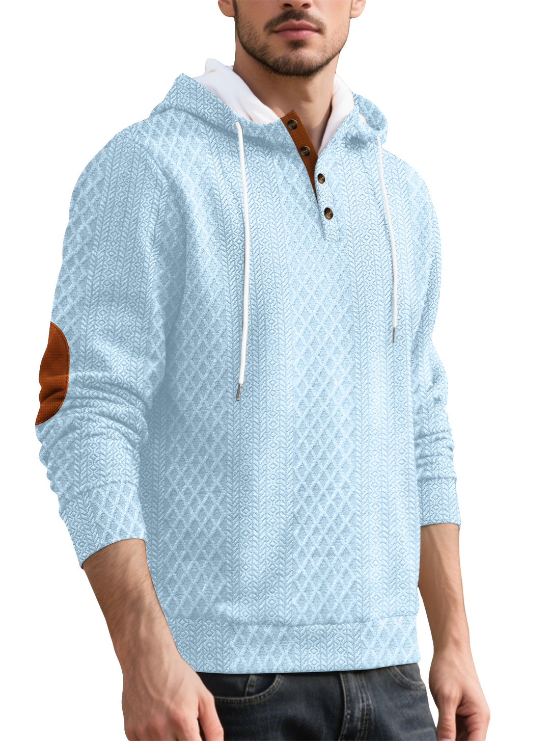 Herren nan Diamond-struktur hættepullover med kort knapliste, quiltet hætte inderside og ruskinds albuepatch Skovae