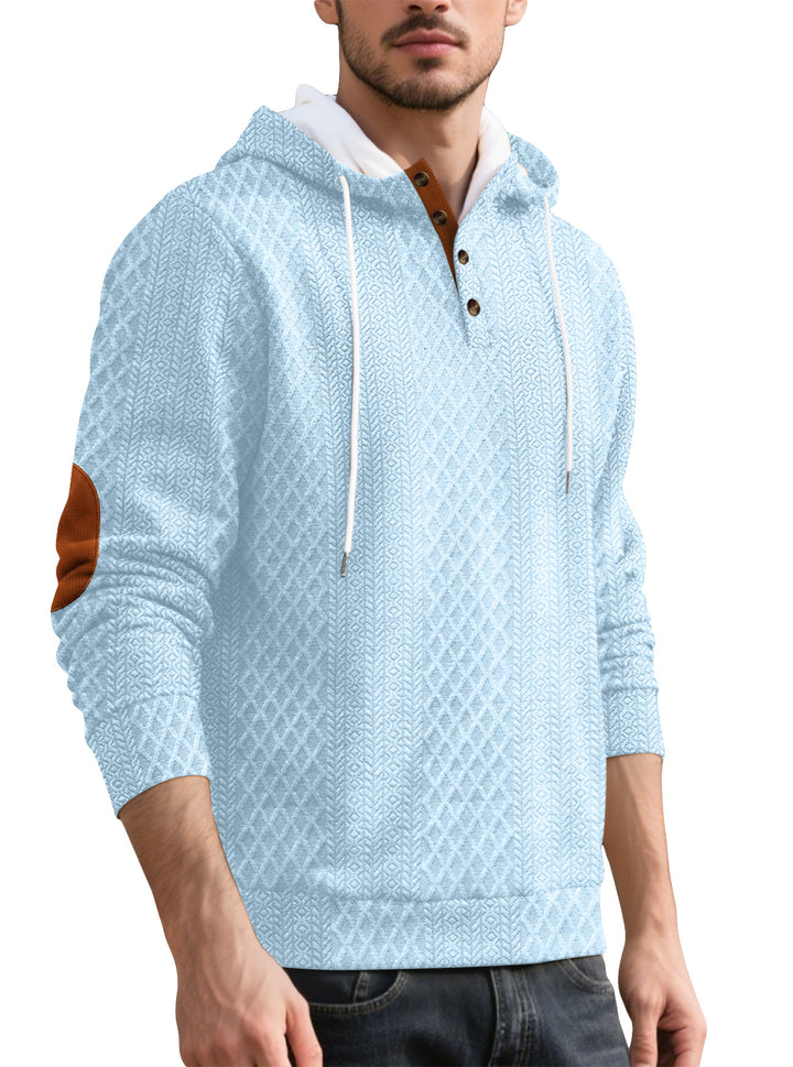 Herren nan Diamond-struktur hættepullover med kort knapliste, quiltet hætte inderside og ruskinds albuepatch Skovae
