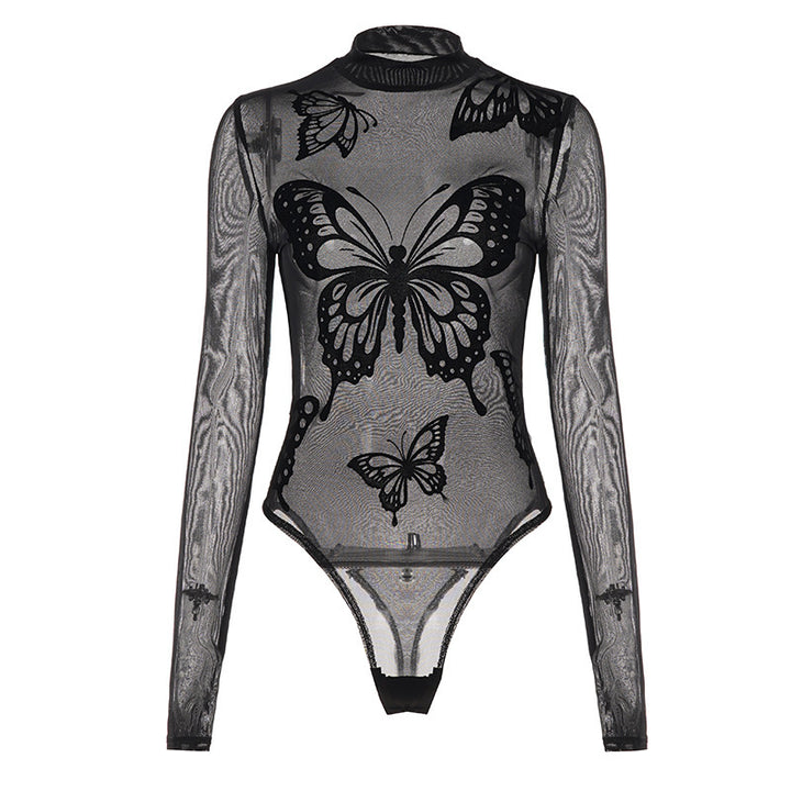Dame Elegant bodysuit med fine sommerfuglemotiver og gennemsigtigt stof Skovae