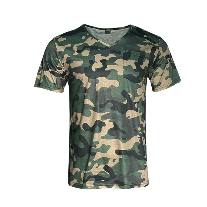 Herre kortærmet T-shirt i moderne camouflage-design med V-hals og brystlomme Stilla