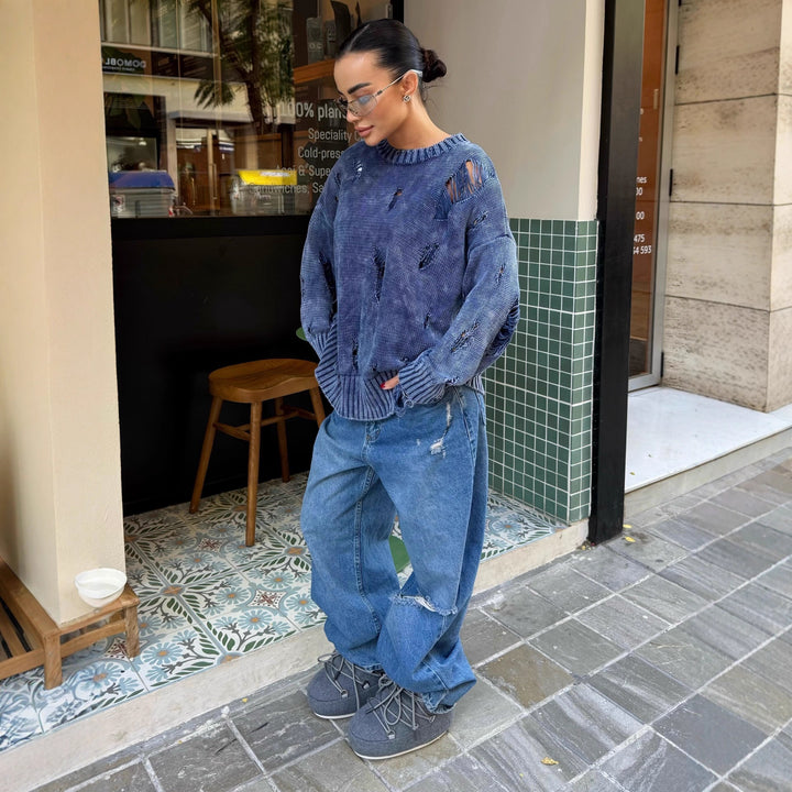 Kvindernes Oversized Striktrøje med Vintage Effekter og Vertikal Struktur Stilla