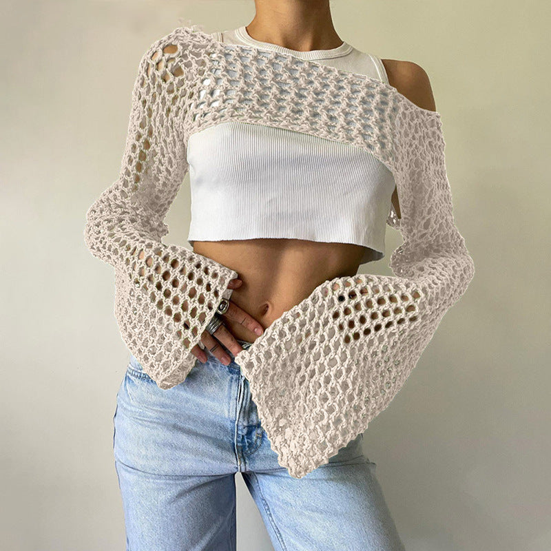 Dame hæklede langærmet top med off-shoulder design Skovae