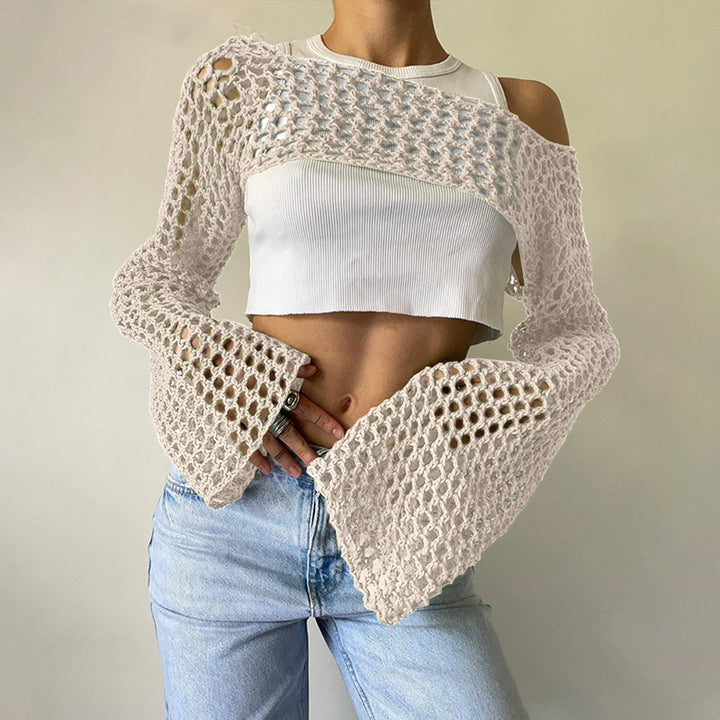 Dame hæklede langærmet top med off-shoulder design Skovae