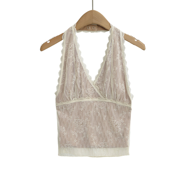 Dame spids-crop-top med dyb v-udskæring og elegante flæser detaljer Stilla