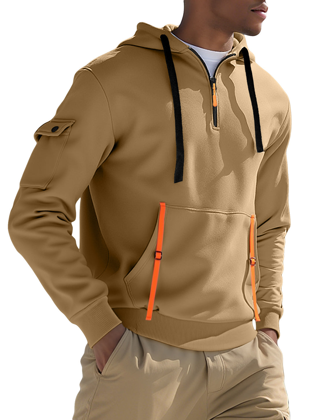 Herrer nan urbaner Tech-hoodie halvziptrøje med utility-ærmelomme, kængurulomme og justerbare lynlås-bånd Skovae