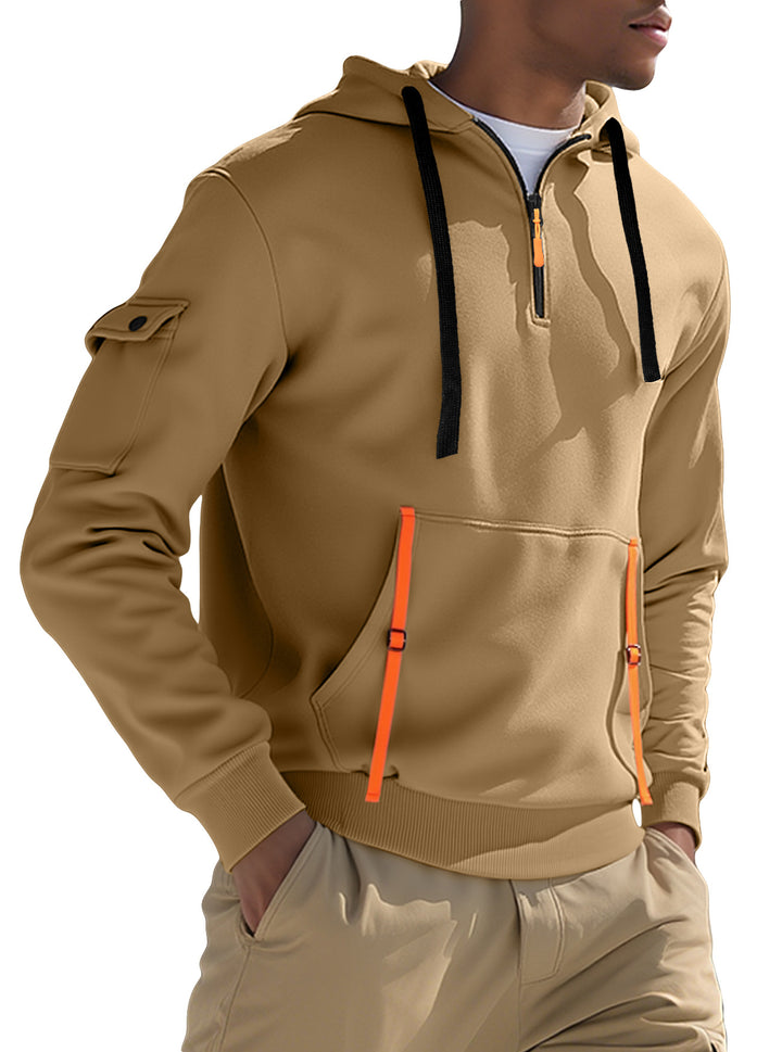 Herrer nan urbaner Tech-hoodie halvziptrøje med utility-ærmelomme, kængurulomme og justerbare lynlås-bånd Skovae