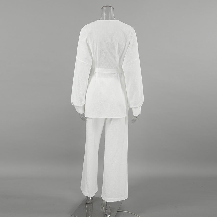 Damer elegant loungewear-sæt med løstsiddende blusejakke og bredt skårne bukser Stilla